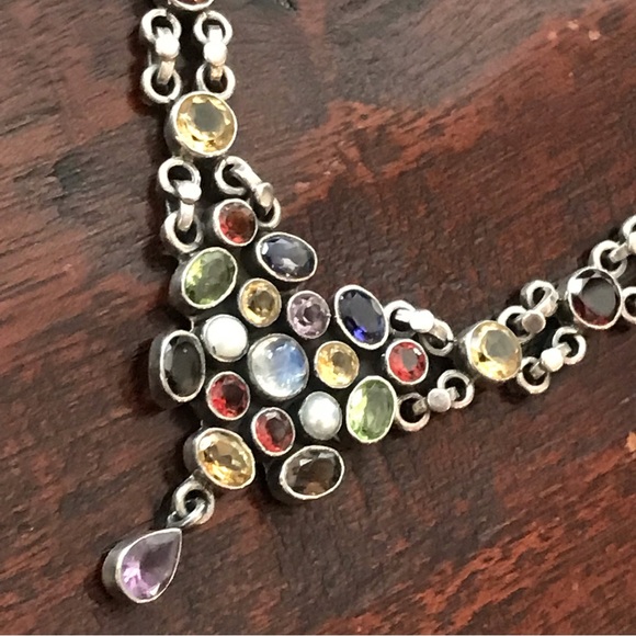 Multi Gemstone Silver Sari Bib Necklace - Picture 8 of 11